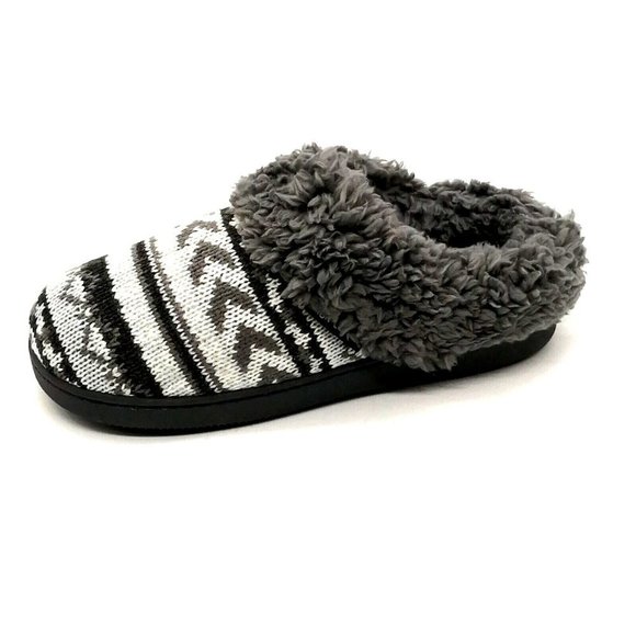 MukLuk Womens Slide Slipper Grey White Knit‎ Faux Fur Trim Round Toe  S 5-6 NEW - Picture 1 of 9